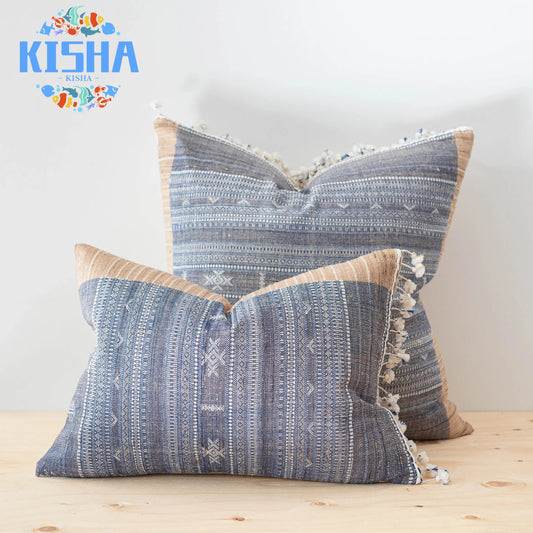 Azure Tussar Fringe Pillow Cover